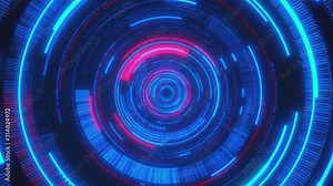 Looped animation. Looped animation. Abstract background. Moving through hyperspace with bright circles in red and blue color. Modern colorful wallpaper. 3d rendering.