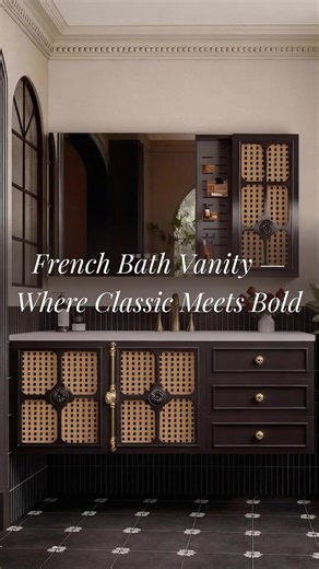 💫 Experience French Luxury, Embrace Bold Design 💫 Take a closer look at the French Bath Vanity and experience its effortless elegance： 🔹 Classic cane-panel doors paired with ornate golden handles 🔹 Spacious storage with smart, functional compartments 🔹 Premium moisture-resistant materials, built to last 🔹 Meticulous proportions blending timeless elegance with modern styling Transform your bathroom from a daily routine space into a refined work of art. 🎥 Watch now and explore every touch, 