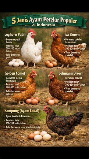 Kenalan Yuk Sama 5 Ayam Petelur Paling Populer di Indonesia! Mau mulai usaha telur? Atau penasaran kenapa produksi telur bisa beda-beda? 🤔 Ini dia 5 jenis ayam petelur favorit para peternak Indonesia: 🐔 Isa Brown – Produktif, stabil, dan jadi primadona peternak. 🐔 Lohmann Brown – Tahan banting & produksi tinggi. 🐔 Hy-Line Brown – Hemat pakan, hasil maksimal! 🐔 Hy-Line White – Telur putih dengan produktivitas tinggi. 🐔 Leghorn – Lincah, aktif, dan terkenal sebagai penghasil telur putih ungg