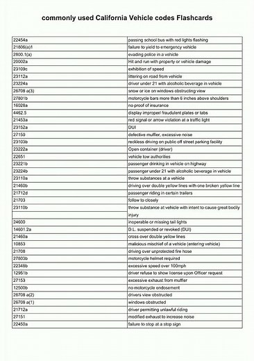commonly used California Vehicle codes Flashcards video