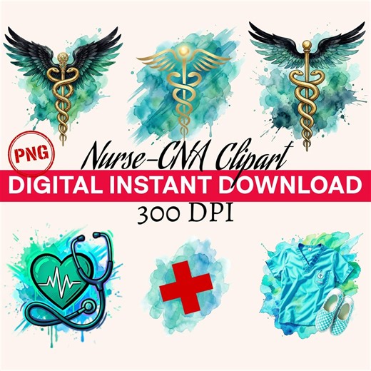 Nurse-cna Watercolor Medical Clip Art, Digital PNG Bundle, Watercolor Art, Sublimation Designs - Etsy