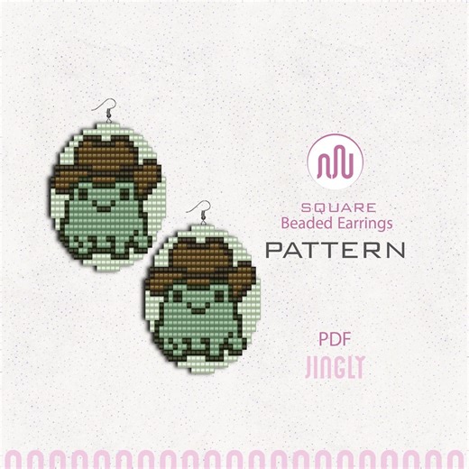 Cowboy Frog Beaded Earring Pattern, Tiny Frog with Hat Seed Bead Pattern, Cottagecore Froggy Square Stitch PDF, Small Animal Bead Pattern