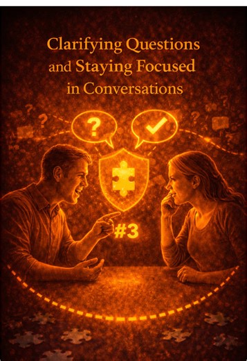 Clarifying Questions and Staying Focused in Conversations . We discuss the importance of clarifying what question someone is actually asking when they feel unheard. We talk about how people often react to how your words made them feel rather than what you actually said, and how feelings and meaning aren’t always the same thing. We explore the need to stay focused on the actual meaning of a conversation rather than drifting into emotions, and we emphasize the rule of addressing one topic at a tim