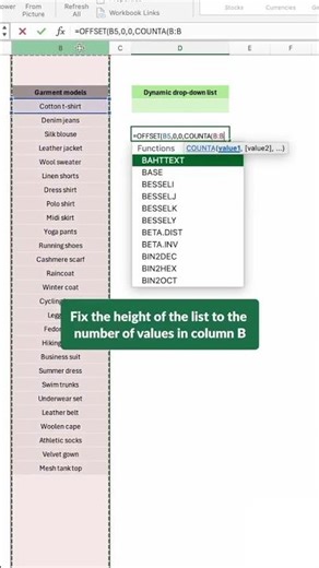 Learn how to create dynamic drop downs in Excel using OFFSET and COUNTA! 📊 #Excel #Shorts #exceltips