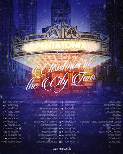 CHRISTMAS IN THE CITY TOUR 🎄 ON SALE NOW! Tickets and VIP packages for our NEW 2025 HOLIDAY TOUR are ON SALE NOW! Come celebrate with us as we sing all your favorite festive tunes and more this holiday season. 🎁⛄ PTXOFFICIAL.COM | Pentatonix