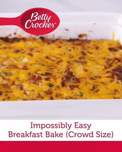 When faced with the “what do I serve a crowd before noon?” dilemma, opt for this easy breakfast casserole made with Bisquick™. Spend 20 minutes assembling the ingredients the night before, store it overnight in the fridge and pop it into the oven the next morning. Get the recipe: https://www.bettycrocker.com/recipes/impossibly-easy-breakfast-bake-crowd-size/b9412093-eaf2-46fd-bc9e-967ae7af7b6c?utm_source=facebook&utm_medium=social_organic&utm_campaign=MSP_XX?&mktgimp=pancakedrymx | Betty Crocker