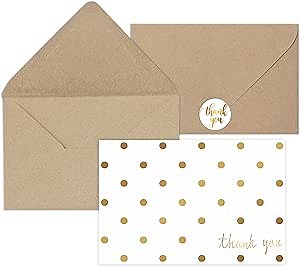 24 Thank You Cards with Envelopes,4x6 In Gold Foil Thank You Notes, Brown Paper Envelopes and Stickers Thank You Bulk.Suitable for Wedding, Bridal, Baby Shower, Business.