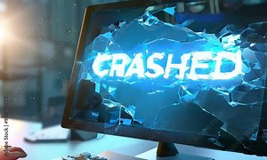 IT computer laptop has blue screen that says Crashed, monitor cracks into pieces, disaster recovery backup