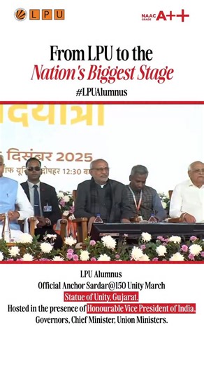 Lovely Professional University on Instagram: "A moment of immense pride for the entire LPU fraternity! Our alumnus Dheerendra Singh took centre stage on a truly historic platform as the Official Anchor of the Sardar@150 Unity March – Closing Ceremony held at the iconic Statue of Unity, Gujarat, representing LPU at a national celebration of unity and leadership! The grand ceremony was graced by the Hon’ble Vice President of India, Shri C. P. Radhakrishnan, alongside distinguished national leaders