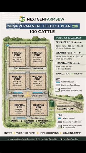 100-Head Semi-Permanent Cattle Feedlot This project outlines the design and construction of a 100-head semi-permanent cattle feedlot developed to support efficient beef finishing operations under mixed climate conditions. The feedlot is designed to accommodate both weaner and finisher cattle, ensuring proper grouping, controlled feeding, improved weight gain, and effective health management. ⸻ 🔹 Project Objective The objective of this feedlot is to: \t•\tImprove feed conversion efficiency \t•\t