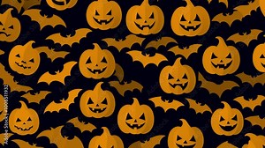 Stop-motion animation, background with pumpkins and bats of different sizes, abstract scary horror background for Halloween