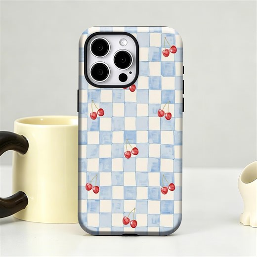 Pastel Blue Checkerboard Cherry Print Phone Case iPhone 17 Pro Max 16 15 14 13 12 11 X 8 Plus Samsung S25 Ultra S24 S23 S22 - Etsy