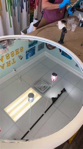 We painted this 40 inch mirror with our DIY paint, and I added a resin wave. This is a big one!! #mirror #resin #resinart #resinwaves #resinartist | Pineapple Picasso