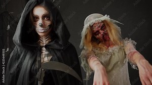 Horrifying female Death Reaper and dead wife scary zombie bride wearing mind blowing heavy professional Halloween makeup