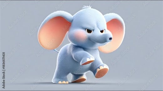 Adorable animated blue elephant cub joyfully running in bright, clean studio setting for kids content