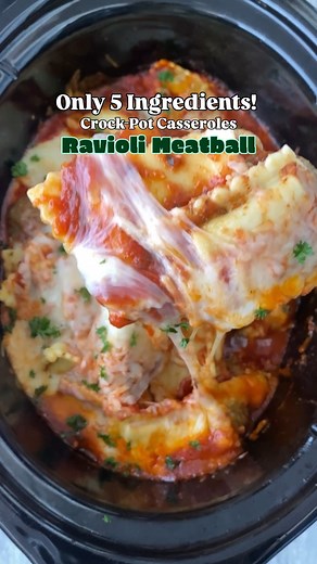 Crockpot Ravioli Meatball Casserole Recipe: https://fitslowcookerqueen.com/crockpot-ravioli-meatball-casserole/ | Shannon Epstein - Fit Slow Cooker Queen