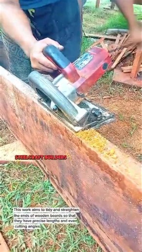 Side Cutting the End of a Wooden Plank Using a Handheld Circular Saw