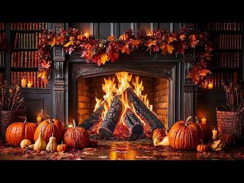 🍁 Autumn Fireplace Ambience 4K 🔥 Burning Fire Sounds, Pumpkins & Fall Decor for Cozy Evenings