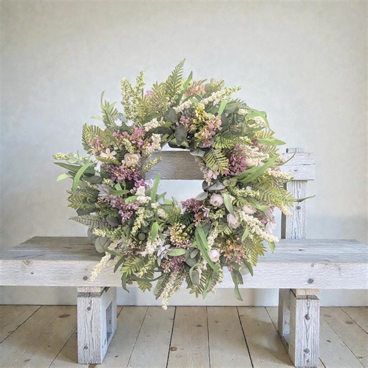 Spring Summer Greenery Wreath, Eucalyptus Fern Wreath With Cream Ranunculus, White Berries and Daisies, Purple Wildflower Front Door Decor - Etsy