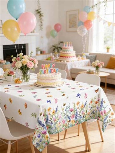 1pc Spring Floral Tablecloth, Colorful Flower & Butterfly Pattern Table Cover, Spring Party Supplies, Baby Shower Party Decor, Gender Reveal Party Decoration, Girl Birthday Party Table Decor, Baby Teething Party Decoration, Welcome New Baby Girl Party Table Runner, Indoor Decor, Home Decor, Outdoor Disposable Tablecloth, Spring Decoration, 1st Birthday Gift, Party Favors | SHEIN
