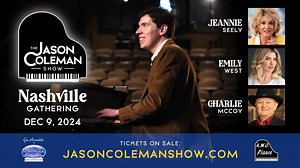 NASHVILLE... 20 days til liftoff! 🚀 Oh my, I just looked at the seat map and tickets are going FAST! ⚡️ Y'all are amazing! On Mon, Dec 9, join me in Nashville for our first ever, live in person edition of The Jason Coleman Show, a live concert & TV taping, featuring Special Guests Jeannie Seely, Charlie McCoy & Emily West! Just like our Sunday Shows you've been watching online for years, we’ve got an evening of music & memories in store... Except this time, we’re recording our show in front of 