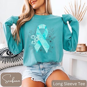Comfort Colors® Teal Ribbon Shirt, Floral Cancer Ribbon Shirt, Pretty Cancer Shirt, Comfort Colors Ovarian Cancer, Teal Cancer Ribbon Shirt - Etsy