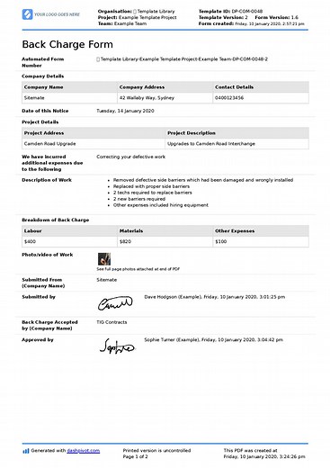 Back Charge Form Template: For construction & project companies
