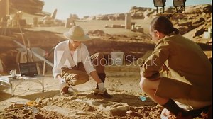 Archaeological Digging Site: Two Great Paleontologists Discovered Fossil Remains of Prehistoric Dinosaur, Clean it with Brushes. Archeologists Work on Excavation Site, Discover New Species Bones