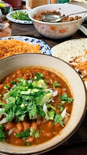 Drunken Beans (Frijoles Borrachos) with Al Pastor Tacos & Arroz Rojo