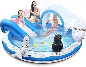 Inflatable Play Center, EVAJOY Kiddie Pool with Slide for Children, Sprinkler, Ice & Snow Theme with Inflatable Dolls, Easy Setup for Garden, Backyard, Indoor Usage