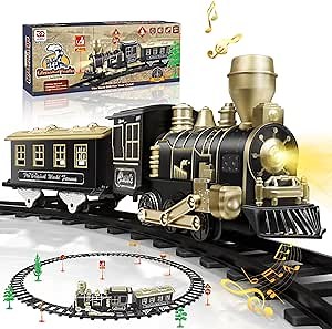 Electric Train Set, Ages 4-8 – Christmas Train with Locomotive, Passenger Car, 6 Curves, LED Light & Sound – Indoor Toy for Kids, for Holiday Village or Train Table