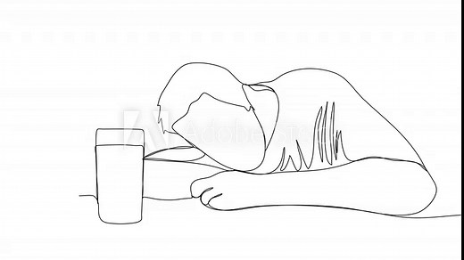 Drunk man sitting at a table. One line drawing animation, video clip with alpha channel.