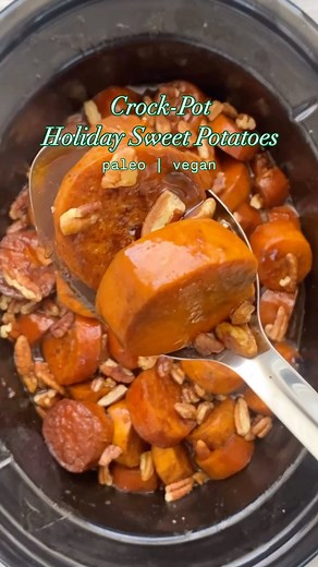 Shannon Epstein on Instagram: "Slow Cooker Sweet Potatoes (vegan, paleo) Would you like the full recipe? If you *follow me* and comment RECIPE & I’ll DM the blog post directly to you. You can also GOOGLE fitslowcookerqueen sweet potatoes. ♦️Ingredients Sweet Potatoes Maple Syrup Cinnamon Orange Juice Arrowroot Starch: I like to use arrowroot starch because it’s paleo friendly. You can substitute your preferred starch like corn starch or potato starch. Optional chopped nuts: Use your favorite nut