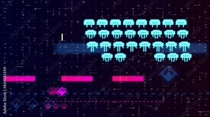 CGI screen of 8 bit space shooter game interface with battling swarms of aliens Stock Video