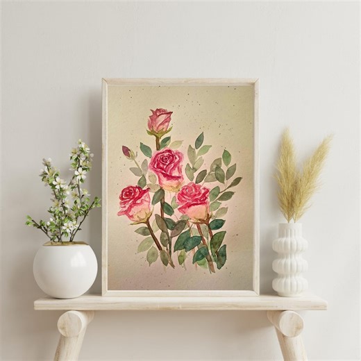 Watercolor Vintage Pink Roses Painting, Romantic Floral Print, Botanical Decor Digital (Digital Download)