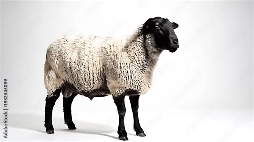 A sheep standing against a neutral background. The sheep features black head and legs with a white wool coat