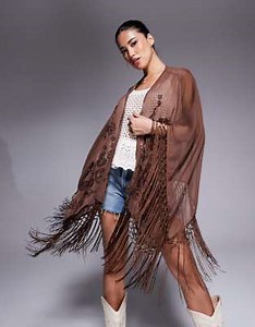 ASOS DESIGN embroidered kimono with fringe detail in brown | ASOS