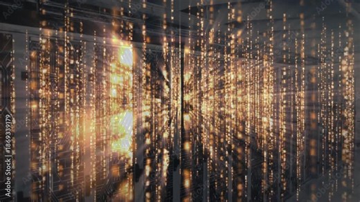 Golden data streams starting in server rack aisle forming pulsating glow showing data flow