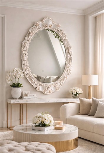 Seashell Mirror – “Emma Pearlized Shell Mirror” Collection Natural White Shells, Coastal Beach Decor