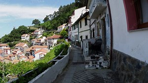 Cudillero, Spain - Aerial view of the beautiful costal fishing village of Cudillero in the costa Verde of Northern Spain