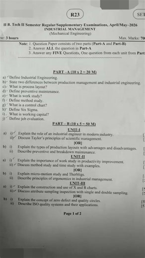 JNTUK R23 Industrial Management Question Paper 2026 April(Set 1) | Mechanical Engg |