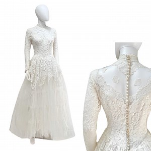 Vintage 1950s Wedding Dress With Illusion Lace Bodice, Long Sleeves & Full Tulle Skirt – High Neck Bridal Gown - Size XS - Etsy