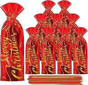 Teling 100 Pcs Christmas Wine Bottle Gift Bags - Cellophane Bags with Pull Bows for Holiday Parties