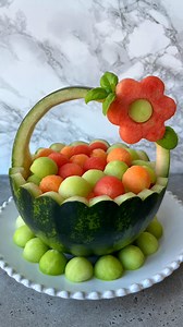 Watermelon Basket 🧺 Filled with melon balls for the ultimate showstopping fruit presentation. Hwad to my website (link in bio) for more beautiful fruit ideas or google ‘foodbites fruit’. #watermelon #fruitplatter #fruitsalad #fruit #foodart #beautifulcuisines #summerfood | Foodbites