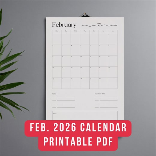 February 2026 Monthly Calendar Printable, Minimalist Wall Calendar, Simple Monthly Planner Page, Digital Download, Monday Start, A4/letter - Etsy UK