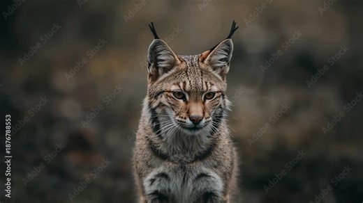Moving adult lynx sensing camera, approaching while tilting head at forest floor with leaf litter