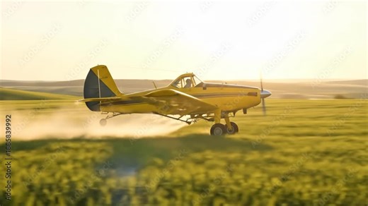 Yellow crop duster plane flying low and spraying agricultural field with chemicals. Farm aircraft spreading fertilizer over farm