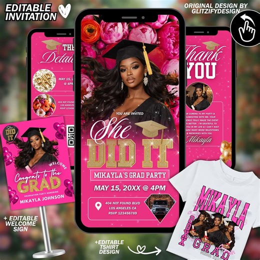 Pink Graduation Invitation,graduation Bundle Girly,floral Grad Party Invite,congrats Grad Flyer Template,class of 2026 Grad Announcement - Etsy