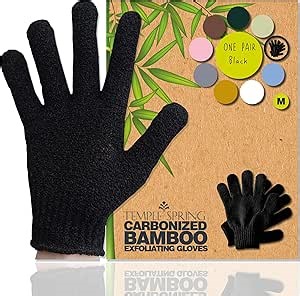 Temple Spring Shower Gloves Exfoliating for Women – Natural Textured Rayon Bamboo Exfoliating Glove with Thicker Weave for Deep Cleansing, Dead Skin Removal & Smooth Radiant Skin (1 Pair, Black)