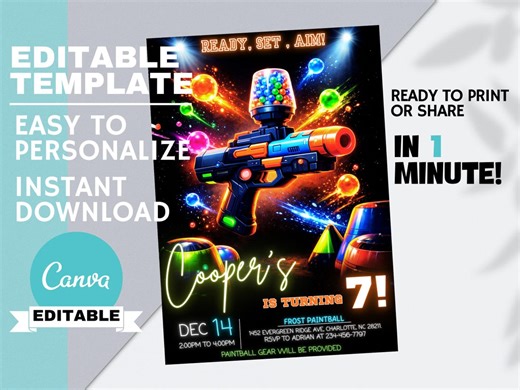 Boy Gellyball Birthday Invitation, Laser Tag Style Game Party, Paintball Invite, Teen Boys Action Battle Editable Canva Instant Download - Etsy